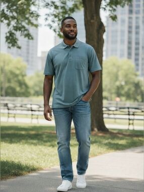 Duluth Trading Co Men’s 2XL Teal Blue Performance Polo Shirt Pocket Stretch